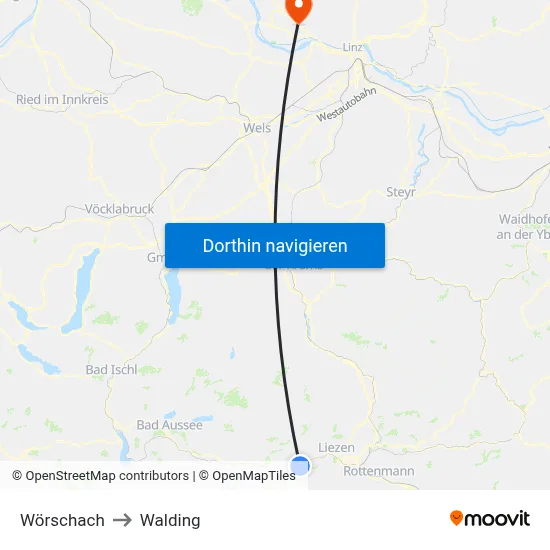 Wörschach to Walding map