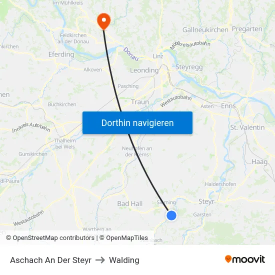 Aschach An Der Steyr to Walding map