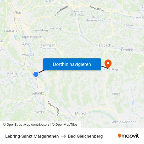 Lebring-Sankt Margarethen to Bad Gleichenberg map