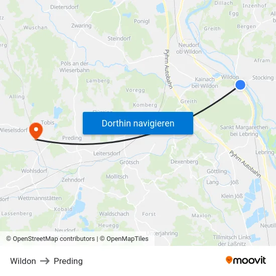 Wildon to Preding map