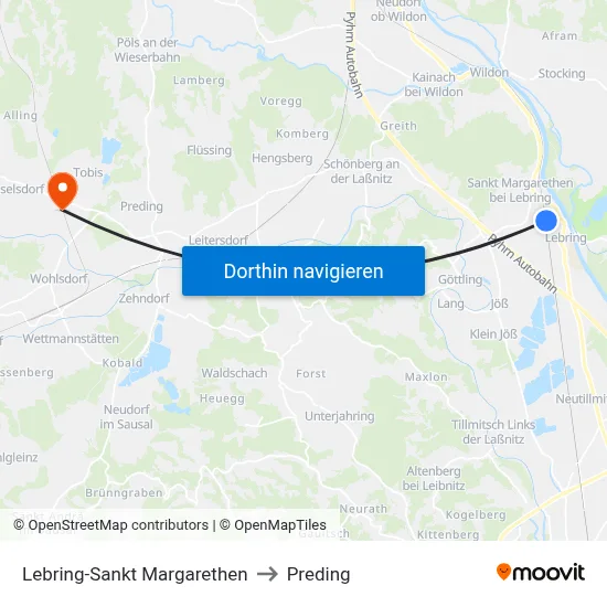 Lebring-Sankt Margarethen to Preding map