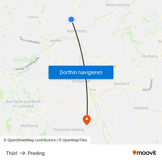 Thörl to Preding map