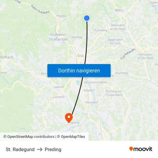 St. Radegund to Preding map