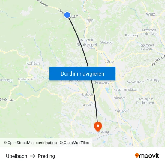 Übelbach to Preding map