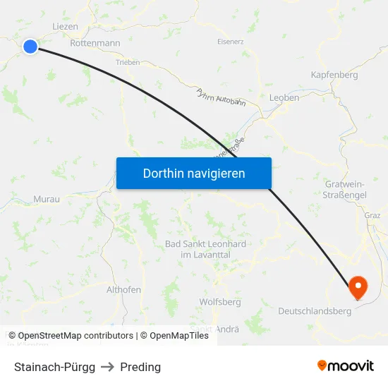 Stainach-Pürgg to Preding map