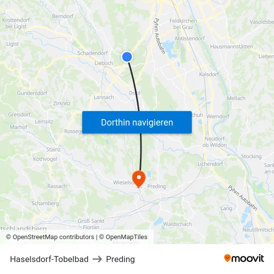 Haselsdorf-Tobelbad to Preding map