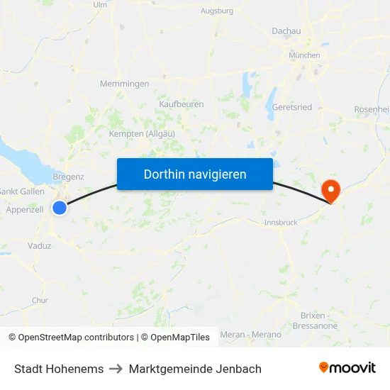 Stadt Hohenems to Marktgemeinde Jenbach map