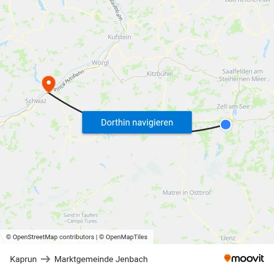 Kaprun to Marktgemeinde Jenbach map
