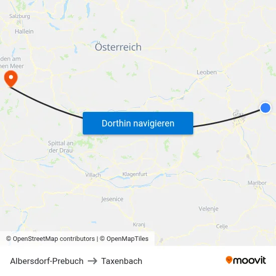 Albersdorf-Prebuch to Taxenbach map