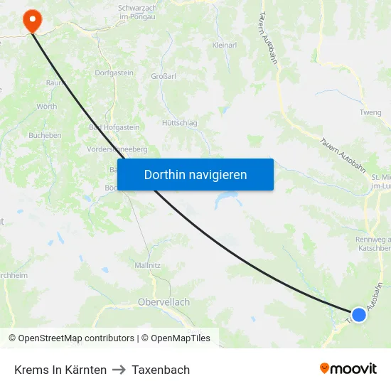 Krems In Kärnten to Taxenbach map