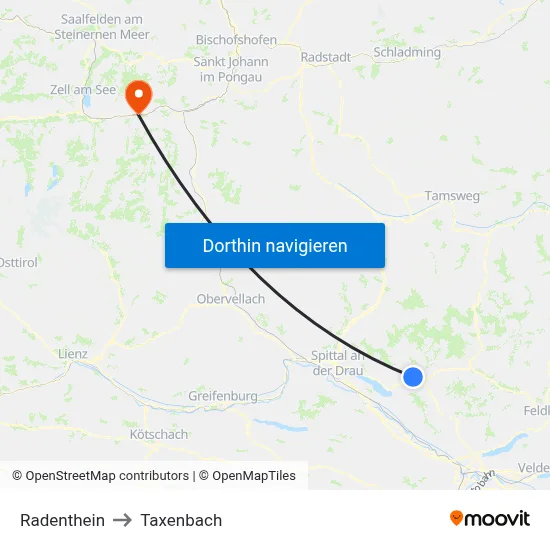 Radenthein to Taxenbach map