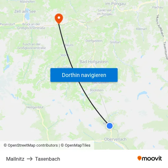 Mallnitz to Taxenbach map