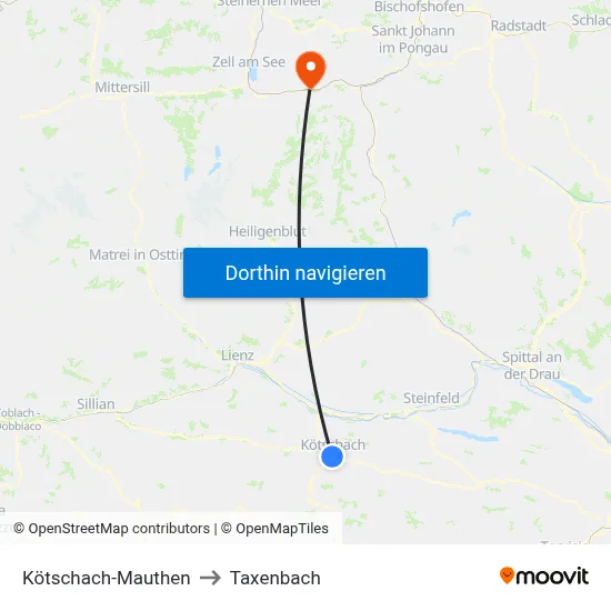 Kötschach-Mauthen to Taxenbach map