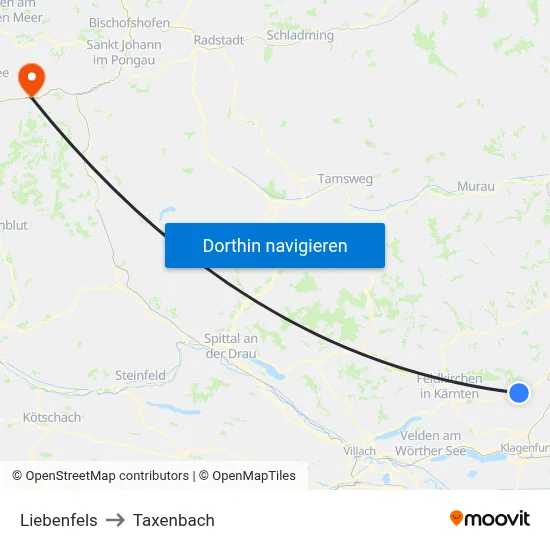 Liebenfels to Taxenbach map