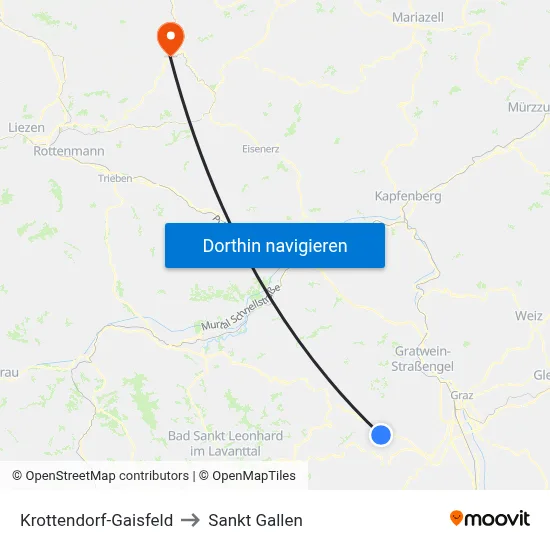 Krottendorf-Gaisfeld to Sankt Gallen map