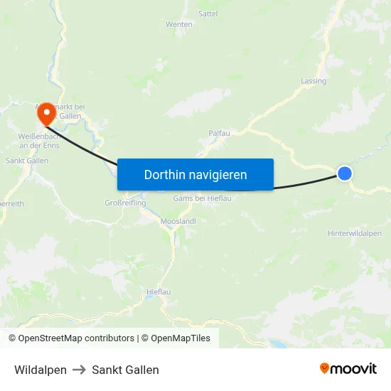 Wildalpen to Sankt Gallen map