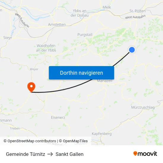 Gemeinde Türnitz to Sankt Gallen map