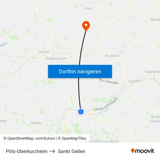 Pöls-Oberkurzheim to Sankt Gallen map
