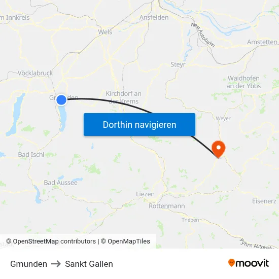 Gmunden to Sankt Gallen map