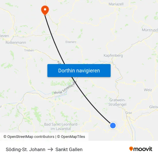 Söding-St. Johann to Sankt Gallen map