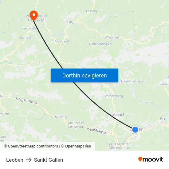 Leoben to Sankt Gallen map