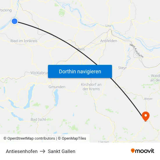 Antiesenhofen to Sankt Gallen map