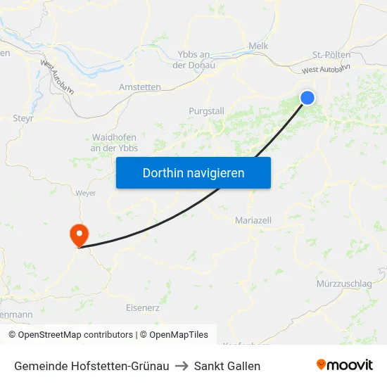 Gemeinde Hofstetten-Grünau to Sankt Gallen map