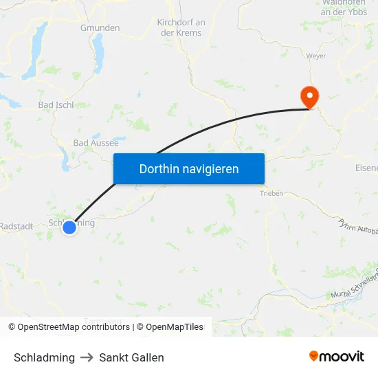 Schladming to Sankt Gallen map