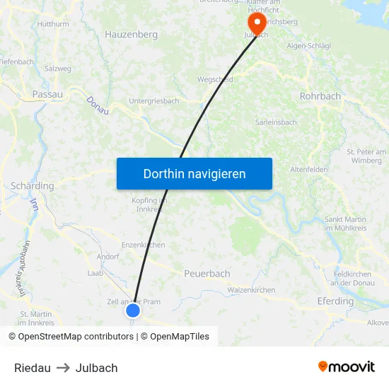 Riedau to Julbach map