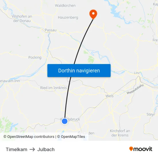 Timelkam to Julbach map