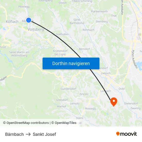 Bärnbach to Sankt Josef map