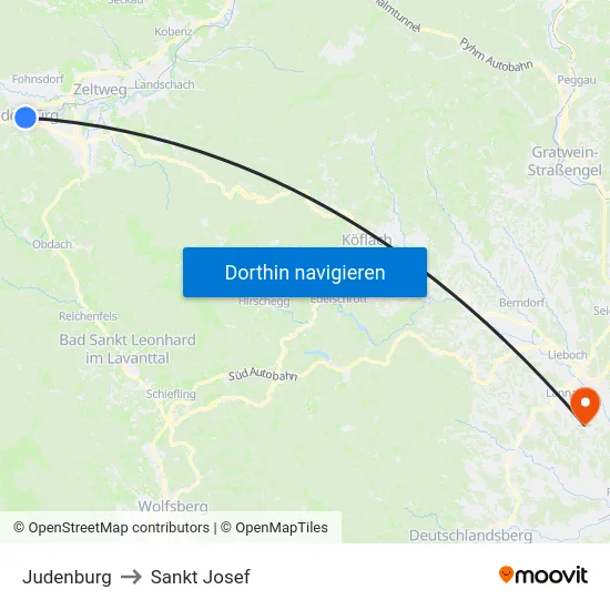 Judenburg to Sankt Josef map