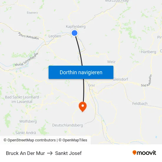 Bruck An Der Mur to Sankt Josef map