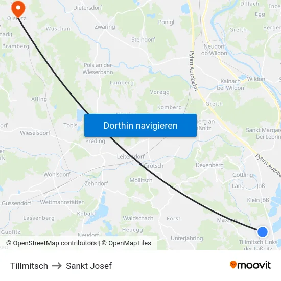 Tillmitsch to Sankt Josef map