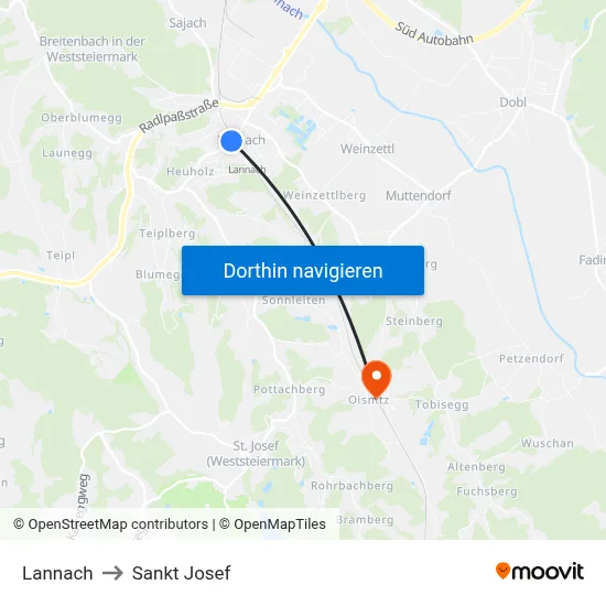Lannach to Sankt Josef map