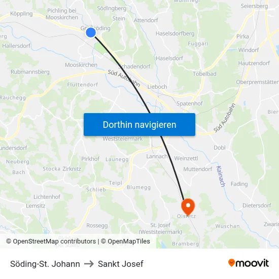 Söding-St. Johann to Sankt Josef map