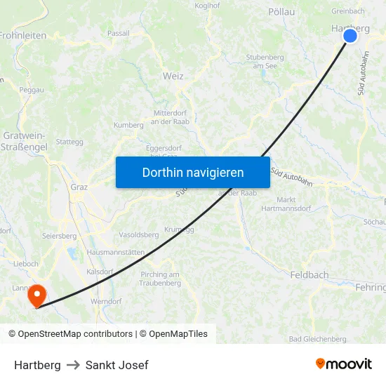 Hartberg to Sankt Josef map