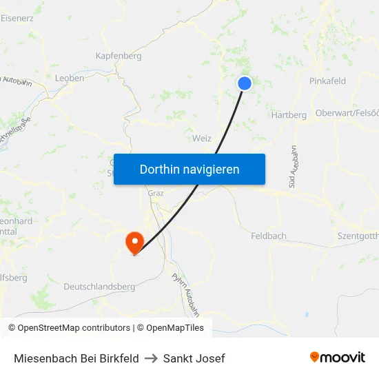 Miesenbach Bei Birkfeld to Sankt Josef map