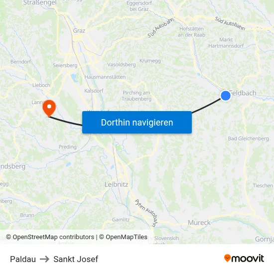 Paldau to Sankt Josef map