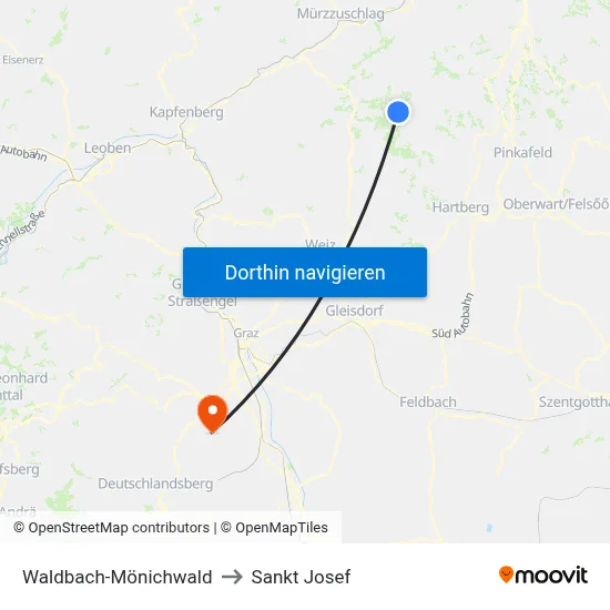 Waldbach-Mönichwald to Sankt Josef map