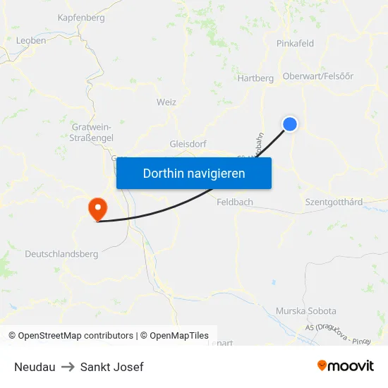 Neudau to Sankt Josef map
