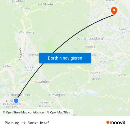 Bleiburg to Sankt Josef map