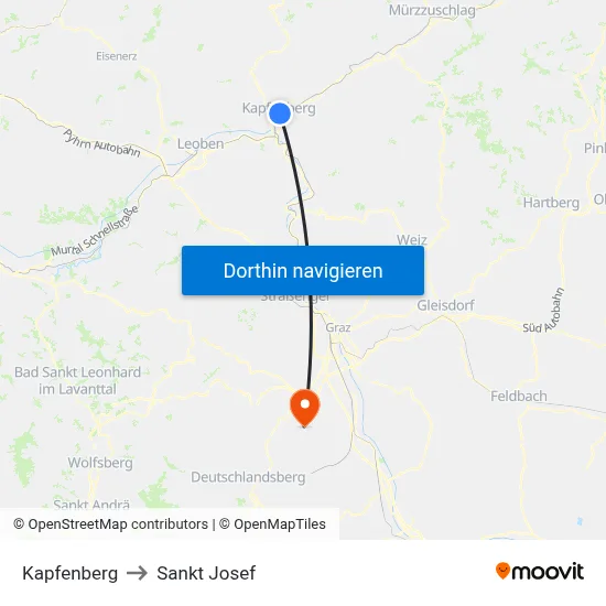 Kapfenberg to Sankt Josef map