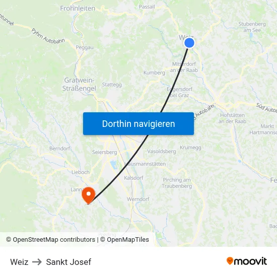 Weiz to Sankt Josef map