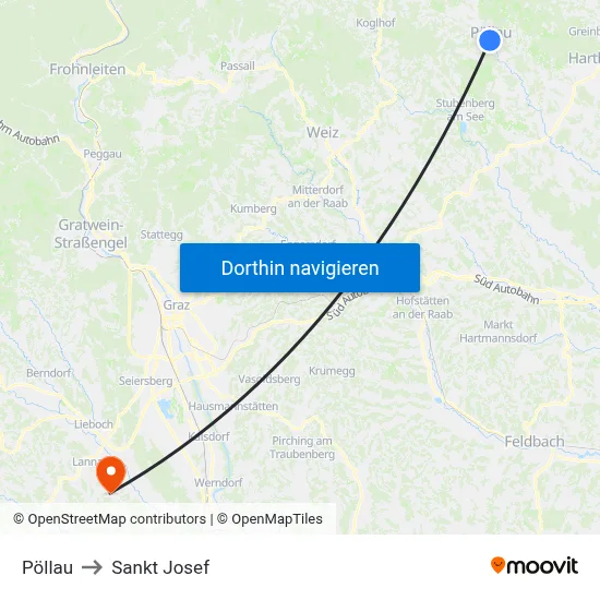 Pöllau to Sankt Josef map