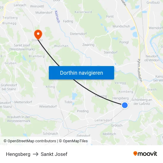 Hengsberg to Sankt Josef map