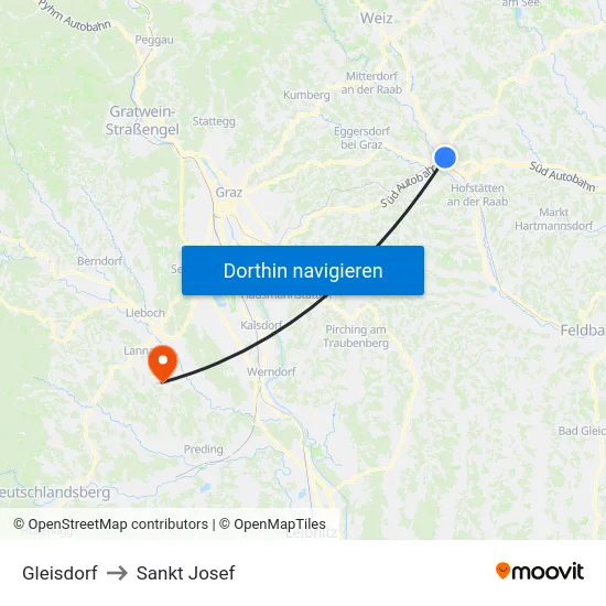 Gleisdorf to Sankt Josef map
