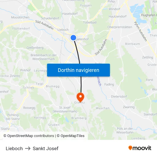 Lieboch to Sankt Josef map
