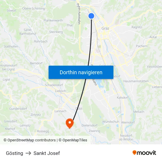 Gösting to Sankt Josef map