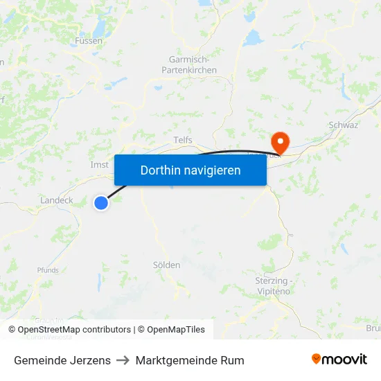 Gemeinde Jerzens to Marktgemeinde Rum map